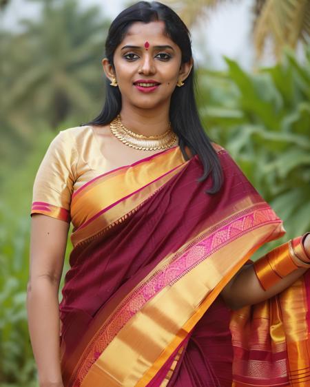 ultrarealistic soft focus photo of a 30-year-old woman, nyla usha, outdoors, high neck Bomkai Saree (Odisha traditional saree)  covering chest and cleavage, smiling, macro shot camera angle, looking looking at camera, day time, beautiful bokeh  <lora:Nyla_Usha_SDXL_LoRA:1>