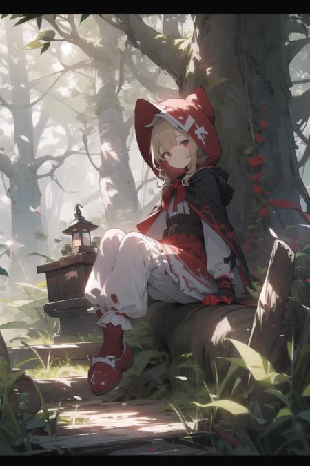 mushroom, sitting, tree, outdoors, grass, nature, 1girl, blonde hair, red footwear, forest, shoes, long sleeves, bangs, red headwear, hat, hood, red cape, gloves, medium hair, bloomers, dress, long hair, day, shirt, closed mouth, full body, cape, solo, hood up, looking at viewer, red hood, 1boy, tree stump, white bloomers, red dress, red cloak, plant, knees up, bow, sunlight, white shirt, bird, moss, red eyes, underwear, creature, braid, smile, on ground, pointy ears, red bow, animal, little red riding hood (grimm), red capelet, pants, link, <lora:light-000004:1>