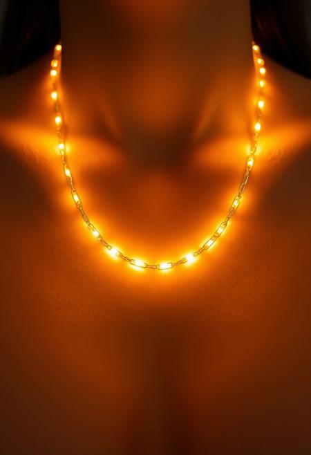 subdermal LED chain necklace, (internal LED glow:1.7) forming a simple, elegant light pattern beneath the skin, (embedded LEDs:1.7) mimicking a delicate chain design, soft golden light radiating smoothly from the collarbone, (subtle chain-like glow:1.6), (classic chain jewelry pattern beneath skin:1.5), natural skin tone with soft, smooth light transitions, high-definition, (ultra-realistic skin textures:1.7), (seamless LED integration into skin:1.6), glowing chain forming an elegant necklace shape, perfect for both casual and formal settings, (worn necklace:-1.8), (visible jewelry:-1.8), (rigid design:-1.6), radiant light flowing naturally beneath the skin, timeless yet modern elegance, minimal appearance