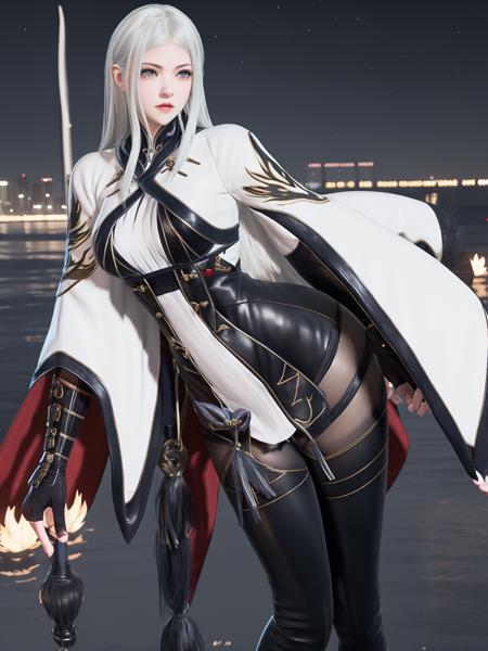 <lora:yongjiewujian jiyingying_20230712225712:0.75>,1girl,mature female, gloves, thighhighs, boots, looking at viewer, thigh boots, tassel, capelet, long sleeves, pantyhose, blue eyes, white hair, cityscape, night, fingerless gloves, cape,