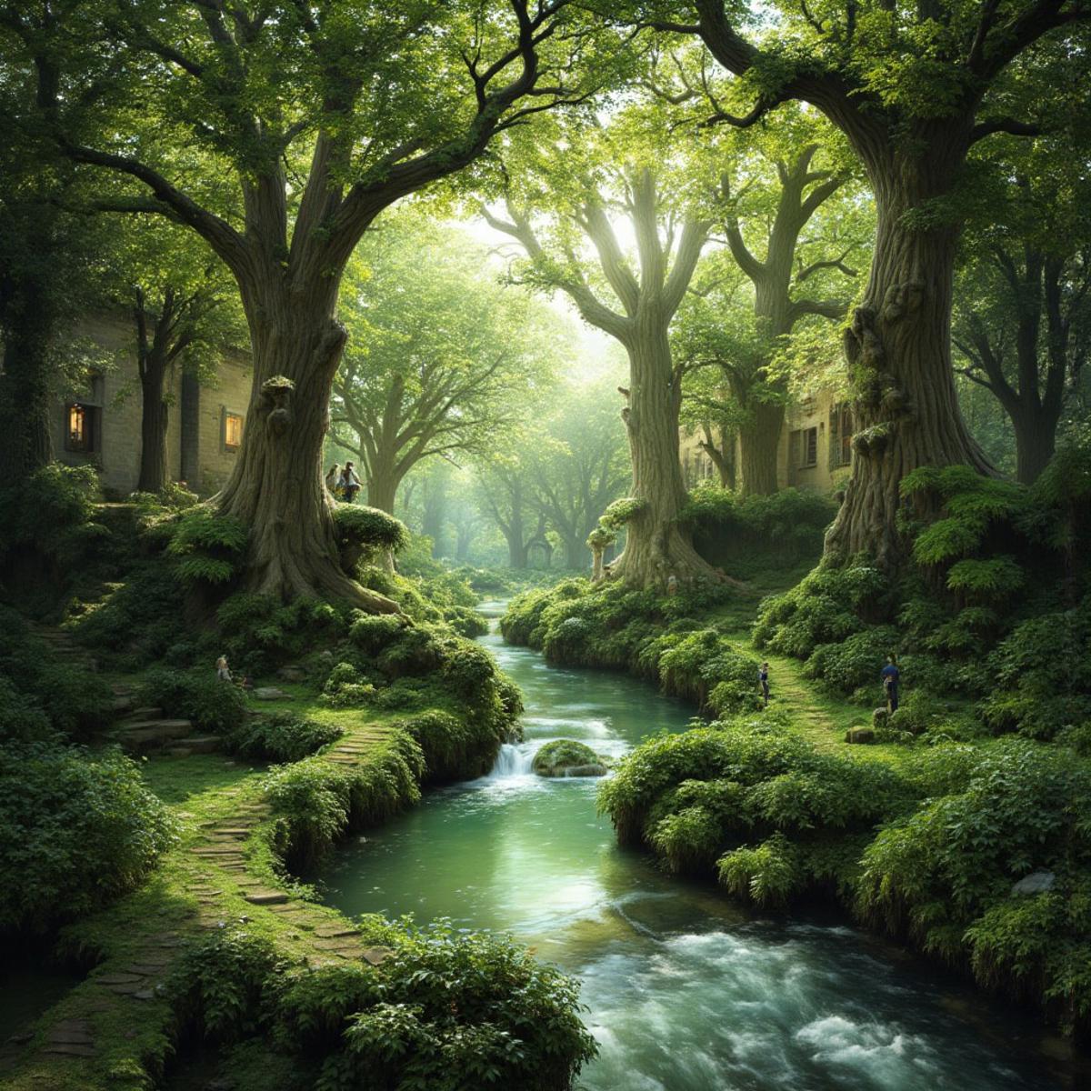 A fantasy fairy forest with a babbling stream and trees with fairy doors and windows with bridges here and there,