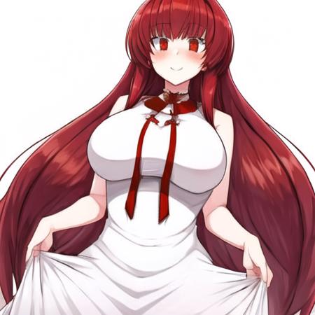 <lora:Nullepoch-000003:1>, 1girl, mature, red hair, red eyes, large breasts:1, white dress, simple background,