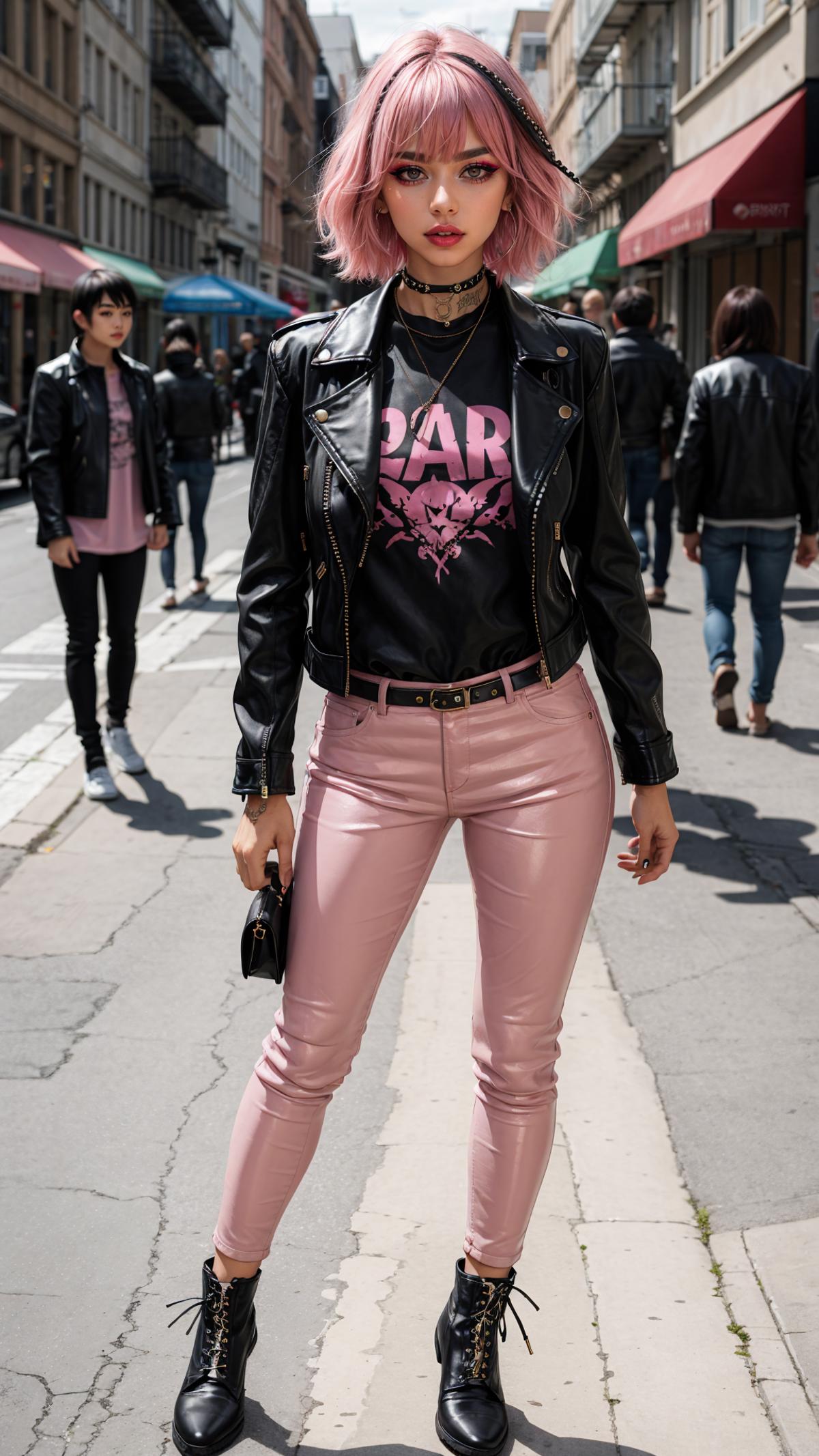 A woman in a black jacket and pink pants, wearing a shirt that says "Par."