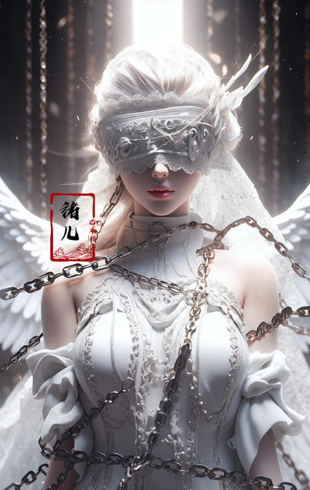 Epic CG masterpiece, a woman dressed in an angelic outfit in chains, delicate face, hdr,dtm, full ha,8K, ultra detailed graphic tension, dynamic poses, stunning colors, 3D rendering, surrealism, cinematic lighting effects, realism, 00 renderer, super realistic, full - body photos, super vista, super wide Angle, rich details, highest quality, extremely exquisite,
Black background1girl, chain, wings, solo, dress, blindfold, white dress, jewelry, veil, choker, ring, own hands together, angel wings, feathered wings, covered eyes, halo
 <lora:~Q?-Y)O Angel:0.8>