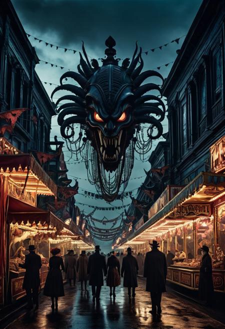 a glimpse at the future of a foreboding and unease at a dark, eerie carnival at dusk, with intricate details and ornate textures evoking a twisted, macabre dream, large evil creatures walk and stalk people on a dark city street , horror, malice
