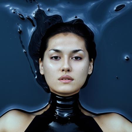 a photo of M02AWA, lying on back, submerged in black paint, half head emerging. from above