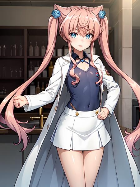 (extremely detailed CG), (best quality), 1girl, perfect face,  shiny skin, lustrous skin, wide hips, narrow waist,  ,  <lora:MariaAnother-10 (1):0.7> MariaAlter,blue flower,,very long hair,pink hair, long hair, blue yes, twintails,,hair ornament,flat chest, lab coat, GREY shirt, long sleeves, skirt, covered chest