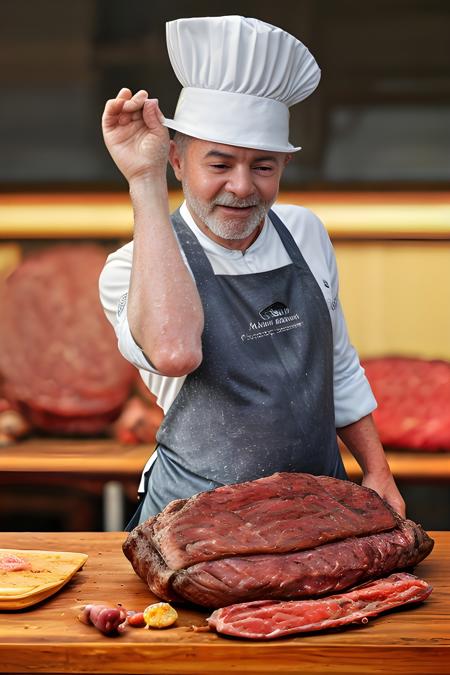 illustration of lula as a chef, (chef uniform, apron, chef hat, barbecue table, serving a (huge steak, meat, barbecue)+, SaltBaeMeme, salt)1.3, in a restaurant, wood oven, restaurant background, grill, warm lighting, smoke, smiling, detailed face, upper body (Hasselblad photography)1.2, (highres skin texture)1.2, masterpiece, 8K, UHD, HD texture, film grain, hyperdetailed, detailed background, best quality+++