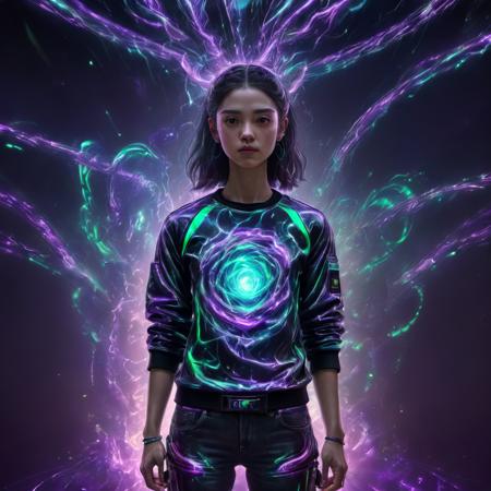 ((best quality)), ((masterpiece)), ((realistic,digital art)), (hyper detailed),DonMV01dfm4g1c3XL upper body clothing, Crew Neck, Quantum-tech Emissive Material, , Holographic Projector Walls, Three-Quarter Sleeves, Mini Length, High Waist,  Oil Wash,,Front Pockets,  , octane rendering, raytracing, volumetric lighting, Backlit,Rim Lighting, 8K, HDR,   <lora:Voidmagic_XL_version-000014:1>