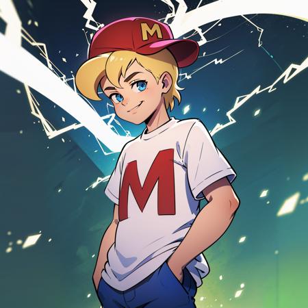 solo, 1boy, mighty max, blonde hair, red hat, white shirt, blue pants, blue eyes,  short sleeves,  hands in pockets, sideways hat, 