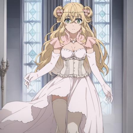 altena elgard ratis, 1girl, blonde hair, long hair, hair between eyes, green eyes, hair bun, double bun,  breasts, dress, cleavage, gloves, elbow gloves, hair ornament, hair flower, flower, white gloves, jewelry, necklace, thighhighs, white dress, capelet, high heels, garter straps ,