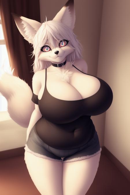 fluffy fur, chest tuft, detailed sexy big eyes, detailed pupils, same-colored eyes, detailed eyes, symmetrical eyes, legs in view, knees, black eyeliner, 
{Species: (fox, canid)}, anthro, anthropomorphic, furry, furry body, fluffy body,long fluffy tail, BREAK
{Gender: female}, {Body: chubby}, big boobs, clothed, sfw, tight spaghetti strap shirt with cleavage showing,
{Clothing: choker, shirt, shorts, black leggings, looking at viewer, looking down, indoors, BREAK
{View: full length view}, fully in view, bedroom view,