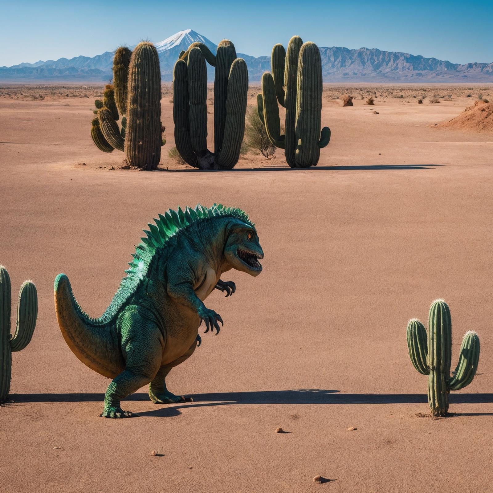 A dinosaur standing in a field of cacti.