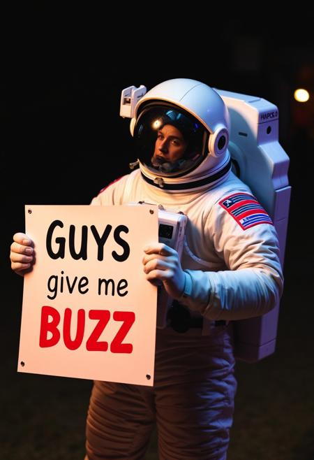 cosmonaut holding poster, text on a poster "Guys give me BUZZ"