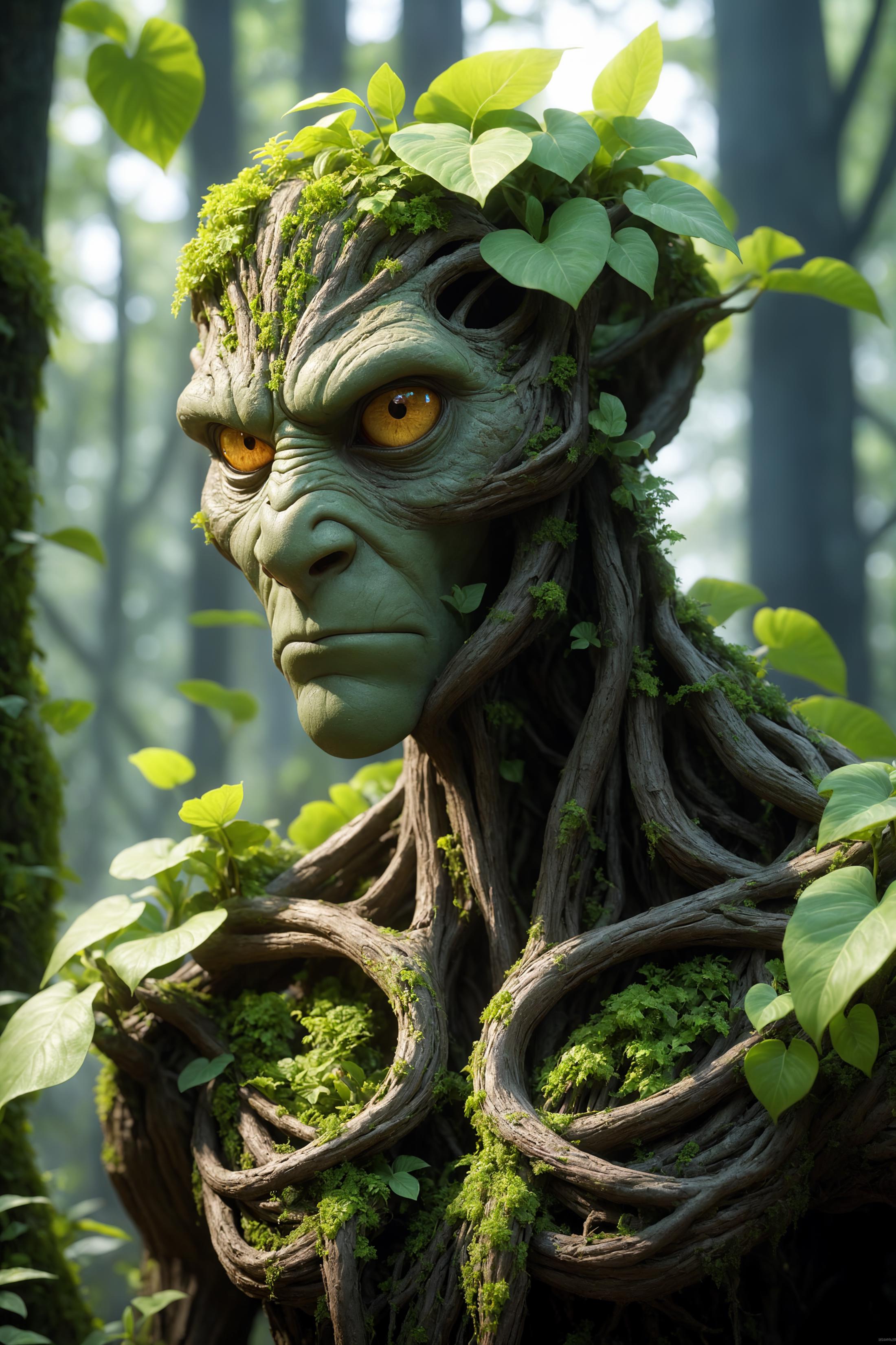 A green, tree-like creature with yellow eyes and a grumpy expression.