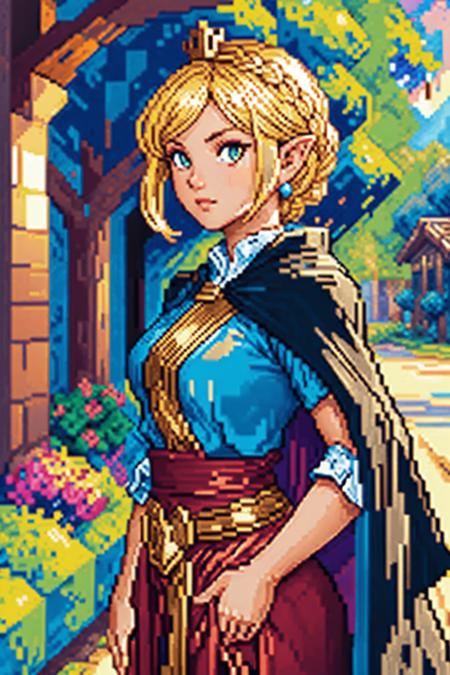 ((pixelart:1.3)), (full-body-shot:1), (highly detailed:1.2),(detailed face:1.2), (detailed background),detailed landscape, (dynamic pose:1.2), ((pixelart)),1girl, solo, looking at viewer, short hair, bangs, blonde hair, shirt, hair ornament, closed mouth, green eyes, upper body, braid, pointy ears, hairclip, cape, from side, parted bangs, blue shirt, portrait, forehead, black cape, crown braid