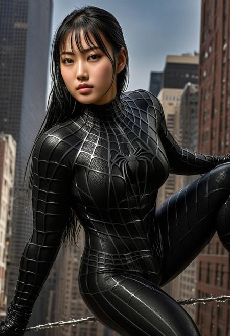 score_9, score_8_up, score_7_up, best quality, realistic, masterpiece, beautiful detail, hyperrealistic, afternoon sky, ((1girl, woman body, big breasts)), amazing detailed full body portrait of a beautiful japanese girl, wearing a realistic and highly detailed black raimi spider-man suit, ((huge muscular girl)), professional model wears ultra - detailed black raimi spider - man suit, ultra - detailed and grained black raimi spiderman suit, suit covered entire body and hand, black spiderman gloves, wet, (spread leg), (full body), (dirty skin), close up, octane render, highly detailed, volumetric, dramatic lighting, (highest quality:1.1), (HDR:1.3), (top quality, best quality), realistic, high definition,