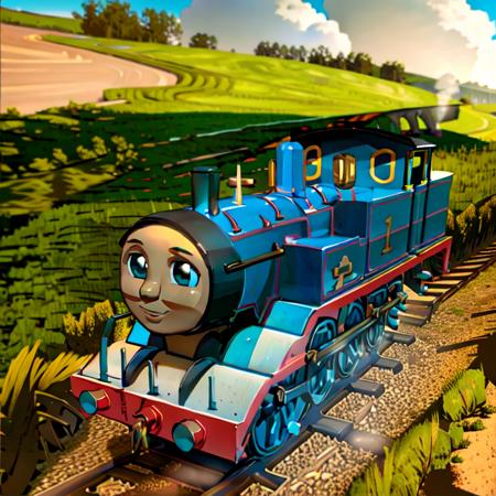 1train, <lora:Thomas the Tank:0.8>,Thomas The Tank, Thomas The Train.train tracks,grass background,high quality,highly detailed,smoke,cgi,realistic,3d