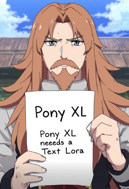 A Long Haired Man with serious face holding a paper with the words "Pony XL needs a Text Lora.", Anime Screencap