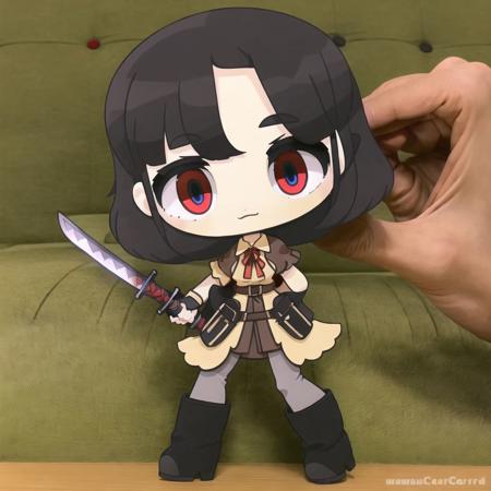 <lora:wasu:1>, pepako, person holding a paper cut doll, 2girls, 3boys, black hair, blonde hair, blue eyes, boots, brown hair, dress, female, glowing eyes, green eyes, long hair, male, multiple boys, multiple girls, pants, pink eyes, red eyes, short hair, sword, weapon, yellow eyes