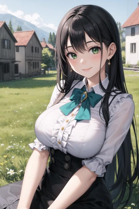 best quality, 1girl, meadow, [houses], sitting, large breasts, upper body, frilled shirt, two tone, very long black hair, looking at viewer, green brooch, frills, smile