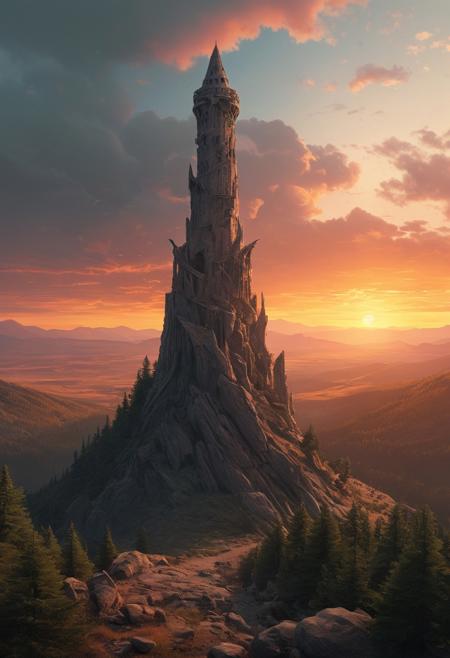 Dynamic digital artwork. A tall wizard's tower stands prominently against a high-angle view of a desolate upland, featuring forested areas and barren rock beneath a spectacular sunset. The scene is surreal and ethereal.