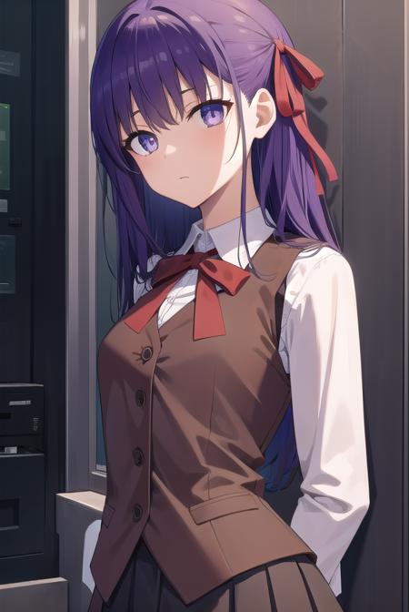 sakuramatou, <lora:sakuramatoutest:1>, sakura matou, hair bow, hair ribbon, long hair, (purple eyes:1.1), purple hair, ribbon, (medium chest:1.2),
BREAK black skirt, brown vest, homurahara academy school uniform, kneehighs, long sleeves, miniskirt, neck ribbon, school uniform, shirt, skirt, socks, vest, white shirt, white socks,
BREAK looking at viewer,
BREAK classroom,
BREAK <lora:GoodHands-vanilla:1>, (masterpiece:1.2), best quality, high resolution, unity 8k wallpaper, (illustration:0.8), (beautiful detailed eyes:1.6), extremely detailed face, perfect lighting, extremely detailed CG, (perfect hands, perfect anatomy),