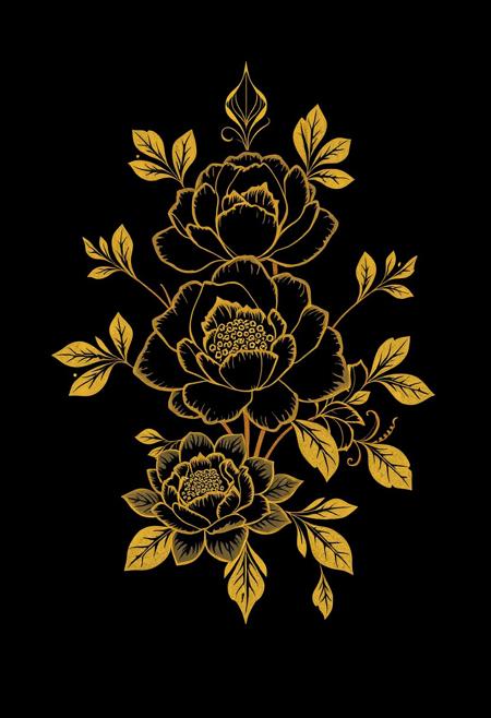 Cool design for printing on a T-shirt. On a black background. Gold and black floral pattern, gold lines, in the style of Chinese art, peonies, solid background, simple design, flat illustration, high resolution, high level of detail, high-quality, low noise, printmaking style, black background, pure black background, high definition.