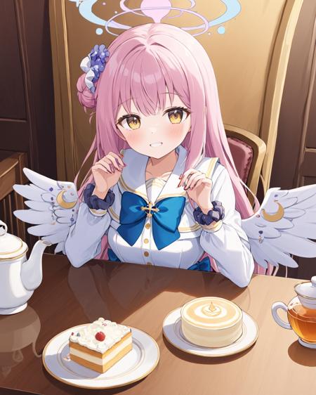 mika \(blue archive\),1girl, solo, halo, teacup, looking_at_viewer, sitting, cake, dress, long_sleeves, chair, alternate_costume, white_wings, smile, single_side_bun, tea, tiered_tray, hair_flower, table, scrunchie, serafuku, sailor_collar, angel_wings, low_wings, blush, nail_polish, feathered_wings, saucer, teapot, sleeves_past_wrists, bowtie
<lora:mika_(blue_archive)_image1356_2023-11-18_spv-000030:1>,halo,. gorgeous,key visual, vibrant, studio anime,award-winning, professional, highly detailed,high budget, cinemascope