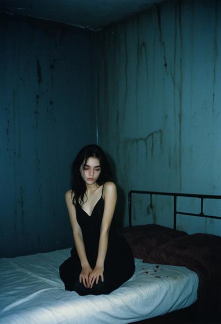 a dark lonely cold room, a thin girl sits hanging her shoulders on the bed, her dark hair dirty, a black stain in place of her face, dull tones, evening, contrasting shadows, dull cloudy sky, luminous blurred photo, grainy film effect, konica minolta zoom 60, blurred shapes, Diane Arbus photo style