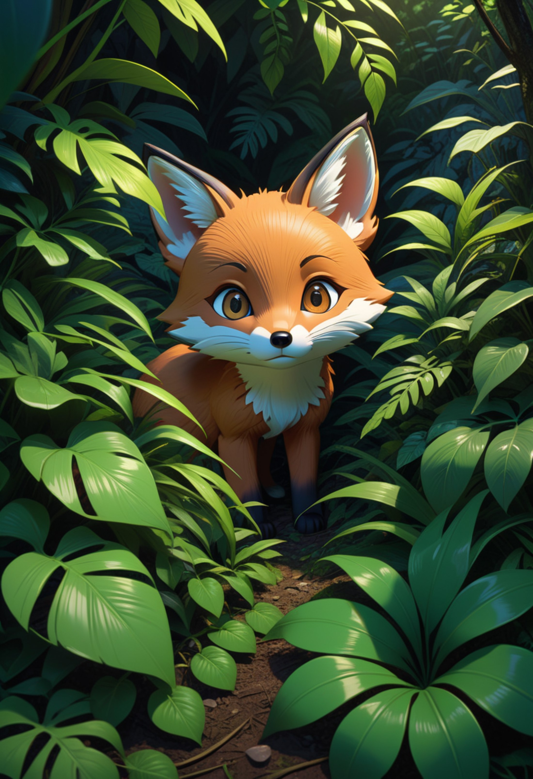 digital cartoon, art, 3d render, cartoonstyle, with wide shot of a dark jungle scene,face of a baby fox hiding between the...