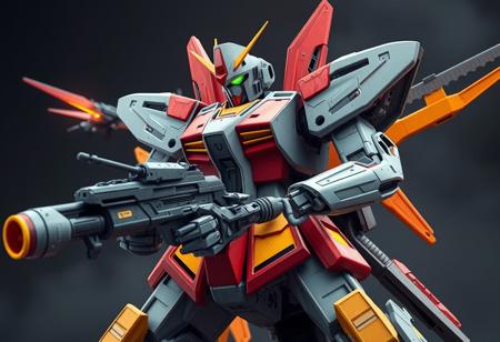 Generate a high-quality image of a mecha with a gun, Skyfire, in a sarcastic pose, with a focus on vibrant colors and realistic textures. The image should be in the style of Disneypunk and have a hyper-realistic quality, with flat grey and red-yellow colors. Incorporate elements of a trench crusade and ensure the image is exploitable and beautiful. The mecha should have an official details photo and be restored to its original color. Please provide the image in a coherent and symmetrical composition, with the other mecha in the background used for flight. Output should be in Unreal Engine or Octane Render style.