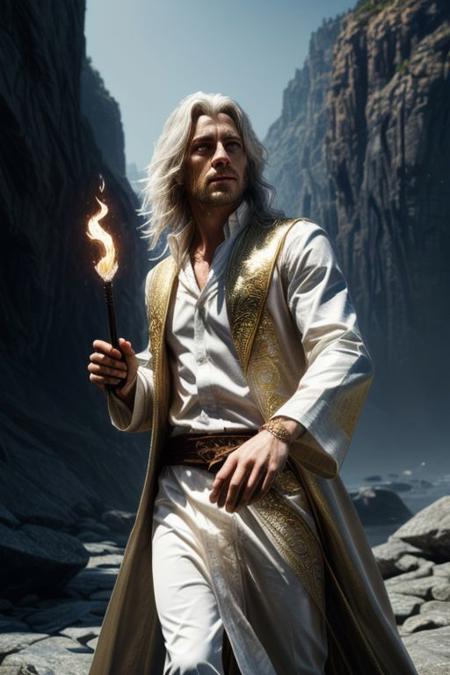 photorealistic photo of a handsome young male wizard, white wizard shirt with golden trim, white robe moving in the wind, long white hair, fully clothed, perfect face, handsome, (perfect composition:1.4), deviantart hd, artstation hd, concept art, detailed face and body, award-winning photography, margins, detailed face, detailed hands, ,backlight, 12k ultrarealistic, ray tracing, intense gaze, looking at the viewer, cinematic lighting, art by Grzegorz Rutkowski, embers, high fantasy background, action pose, hands up to 90 degrees, holding a small magic wand, water splash, misty