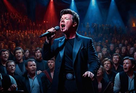 Hyperrealistic Concept art. Star Wars Renaissance painting. Man Singer (((Rick Astley))) , singing on stage. Oil on canvas Deep, rich colors and heavy brushstrokes. Muted red and blue tones. Highly expressive, emotive and vibrant. 64K resolution, magnificent, mysterious, chaotic, intense, epic, masterful, Templar inspired, bold, dramatic. gothic art