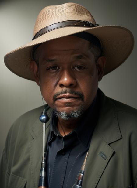 portrait of fw1,  man in Button-Up Shirt, Wide-Brimmed Hat, Galoshes, Fishing Tackle Box, Fishing Line Cutter epic (photo, studio lighting, hard light, sony a7, 50 mm, matte skin, pores, colors, hyperdetailed, hyperrealistic),  <lora:ForestWhitaker:1>