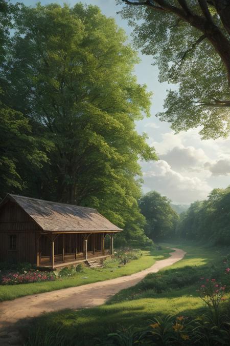 panorama, Feudal landscape, (castle:1.2), grazing meadows, peasants, (Middle Ages:1.1), (perfect symmetry:0.9), highly detailed,  Beautiful lighting, photoreal, 4k, depth of field,
(treehouse:0.9), (atmospheric perspective:0.8),
tropical moist broadleaf forest, floral arch, branch, River,
<lora:DETAIL_SLIDER_BY_STABLE_YOGI:1.2>