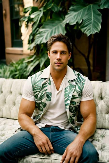 side view, full body view, analog film photo,1 actor, Dean Geyer a man <lora:Dean-Geyer:1> ,muscular,((stubble:1.3)),having sec on cozy sofa,((looking at the camera:2)), a white shirt with a leaf-like pattern, carrying a backpack on one shoulder, outdoor environment with trees storefronts buildings,desaturated,35mm photo, grainy, vignette, vintage, Kodachrome, Lomography,stained, perfect face, highly detailed,  <lora:add-detail-xl:1>
