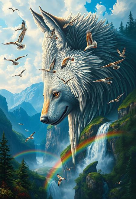 A painting of a majestic continent, a continent shaped like a wolf's face, with migratory birds taking flight from the vast wilderness.
There are numerous waterfalls and rainbows.
best quality, sharp focus, high contrast, colorful, ultra quality, 8k, best quality ,Oil Painting,