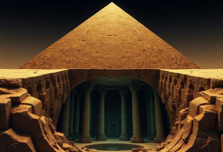 3D,hyperrealistic,Egyptian pyramid. Beneath it are columns 600 meters below the surface of the earth. The columns are surrounded by scrolls. There are chambers at the bottom of the columns.