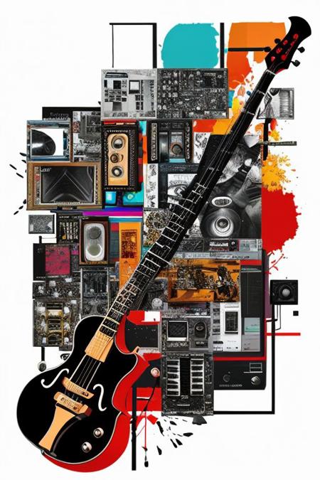 Create a striking abstract collage using vibrant cutout images of musical instruments. Blend them together in an unusual way with glitch effects.
