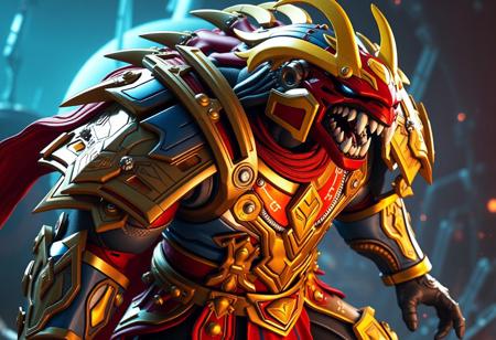 epic details An epic, dynamic pose of Gladiator Beast Tygerius, clad in iconic red and gold Metalsilver Armor with vibrant blue and yellow accents. Menacing yellow head, red mask. Against a futuristic, pulsing Appliancer Electrilyrical World background. Cinematic lighting, isometric view, intense detail, Octane Render, Unreal Engine 5, Splash Ink illustration elements. 4K, trending on Artstation, CGSociety, Golden Ratio composition.