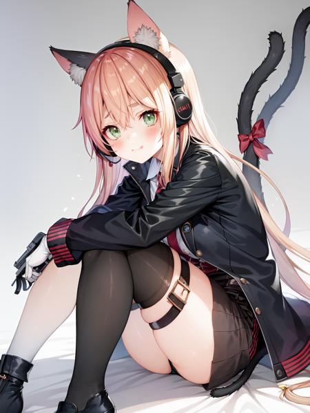 masterpiece, best quality, <lora:exh2-000002:1>, 1girl, animal_ears, assault_rifle, bangs, black_coat, black_jacket, black_legwear, blonde_hair, blush, bow, cat_ear_headphones, cat_ears, cat_girl, cat_tail, character_name, eyebrows_visible_through_hair, full_body, gloves, green_bow, green_eyes, hair_between_eyes, headphones, headset, jacket, long_hair, looking_at_viewer, object_namesake, simple_background, solo, tail, tail_bow, tail_ornament, tail_ribbon, thigh_strap, very_long_hair, weapon, white_background