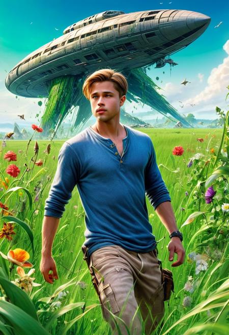 CoverArt, a beautiful gorgeous Young Brad Pitt as an RPG character, 
Break, 
as a background a huge spaceship (long abandoned) sunken into a rich green grassland, covered in plants, flowers, sharp focus, high detailed, realistic, day, colorful, blue sky, RPG Cover Art