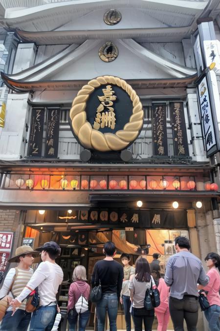 kiyasusouhonpo, storefront, architecture, multiple boys, multiple girls, bag, pants, paper lantern, east asian architecture, lantern, long hair, shirt, 6+boys, jeans, black hair, crowd, real world location, outdoors, building