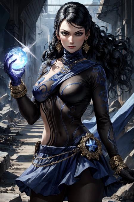 zafina, 1girl, bodysuit, skirt, big hands, aura, dark aura, magic, solo, looking at viewer, cowboy shot, upper body, hallway, debris, rocks, light rays, (masterpiece:1.2, best quality)