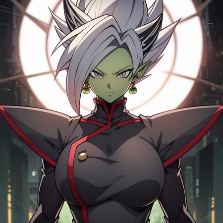 Best_QualityPos, RAW photo, intricate details, best quality, 8k uhd, soft lighting, 1girl, solo, large breasts, colored skin, green skin, spiked hair, white hair, grey eyes, earrings, dougi <lora:Fusion_Zamasu:0.6>