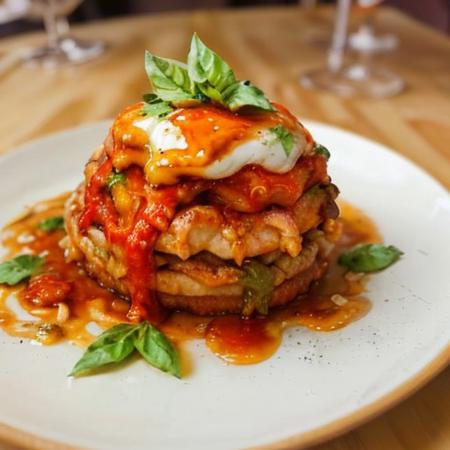 A plate of crispy breaded chicken Parmesan, topped with a rich marinara sauce and melted mozzarella cheese, served over a bed of al dente spaghetti. The dish is garnished with fresh basil leaves and a sprinkle of grated Parmesan cheese. The background includes a warm, inviting Italian kitchen setting.