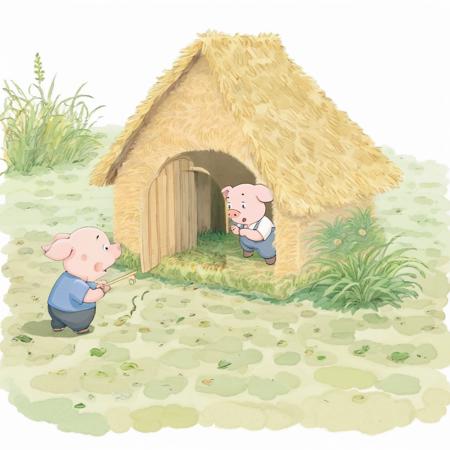 huiben_style,<lora:huiben-000040:0.7>,a little pig is building a ((straw room:2)) with straw,grass,the wall is made of grass, with (( a closed door))