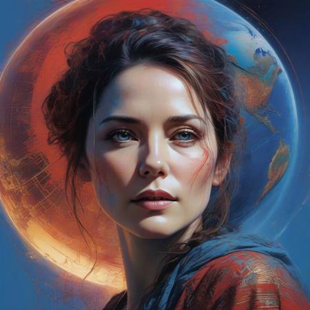 Woman 40 years old with fine hightech skin details, detailed face, sf, intricate artwork masterpiece, blue and red pastel ratio, background is the earth planet on golden hour, ominous, matte painting movie poster, by Carne Griffiths