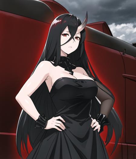 best quality, digital art, (red and black color palette:1.3), cowboy shot, (hands on own hips:1.3)
BREAK
battleship water oni, abyssal ship, 1girl, red eyes, glowing eyes, serious, white skin, colored skin, horns, single horn, crossed bangs, black hair,  very long hair, hair between eyes, bare shoulders, cleavage, black dress, large breasts, strapless dress, frilled dress, black gloves, elbow gloves, spiked bracelet, nice hands
BREAK
ocean, darkness, dark skies, dark clouds, storm clouds, cloudy sky